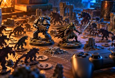 Ilustração de duas miniaturas, uma figura com armadura e uma aventureira, rodeadas de criaturas numa mesa, com um comando em primeiro plano.