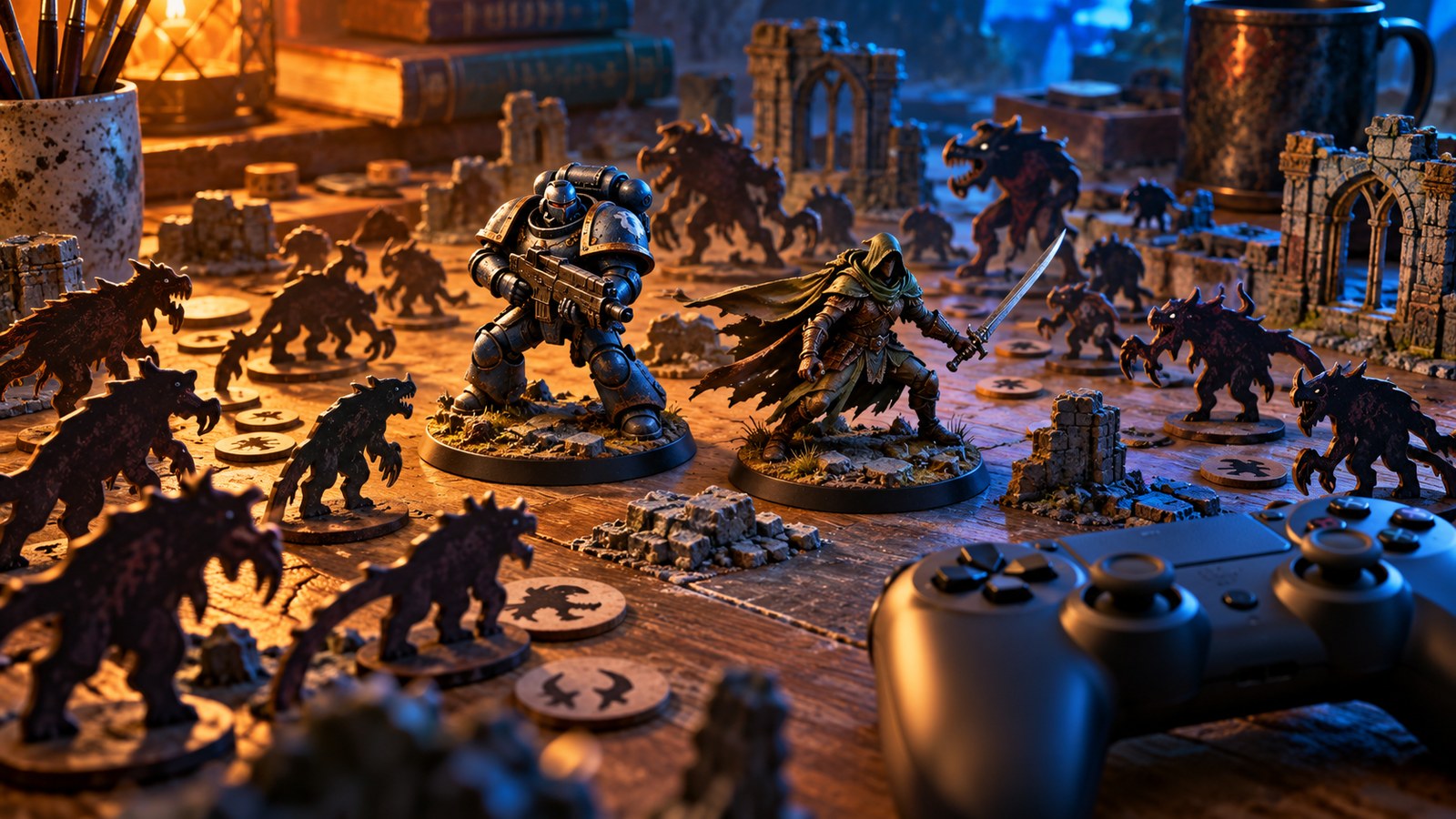 Ilustração de duas miniaturas, uma figura com armadura e uma aventureira, rodeadas de criaturas numa mesa, com um comando em primeiro plano.
