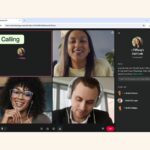Ecrã oficial do WhatsApp Web mostra uma chamada de vídeo com convidados, o painel de ligação e o logótipo do WhatsApp.