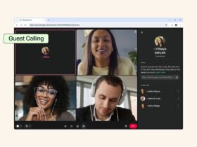 Ecrã oficial do WhatsApp Web mostra uma chamada de vídeo com convidados, o painel de ligação e o logótipo do WhatsApp.