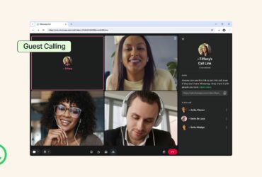 Ecrã oficial do WhatsApp Web mostra uma chamada de vídeo com convidados, o painel de ligação e o logótipo do WhatsApp.