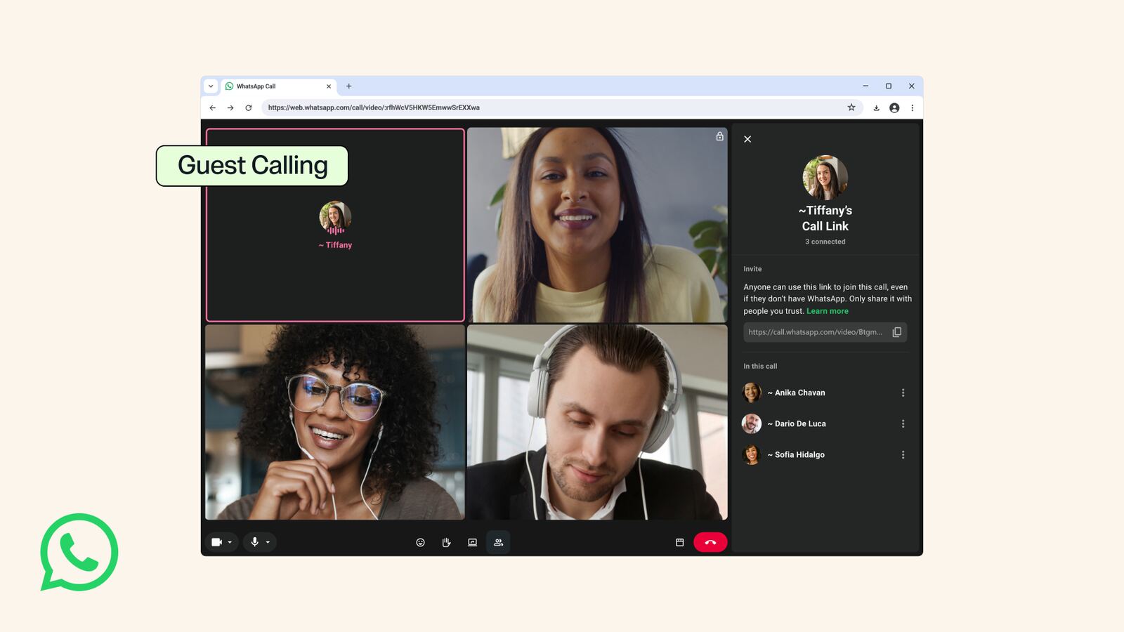 Ecrã oficial do WhatsApp Web mostra uma chamada de vídeo com convidados, o painel de ligação e o logótipo do WhatsApp.