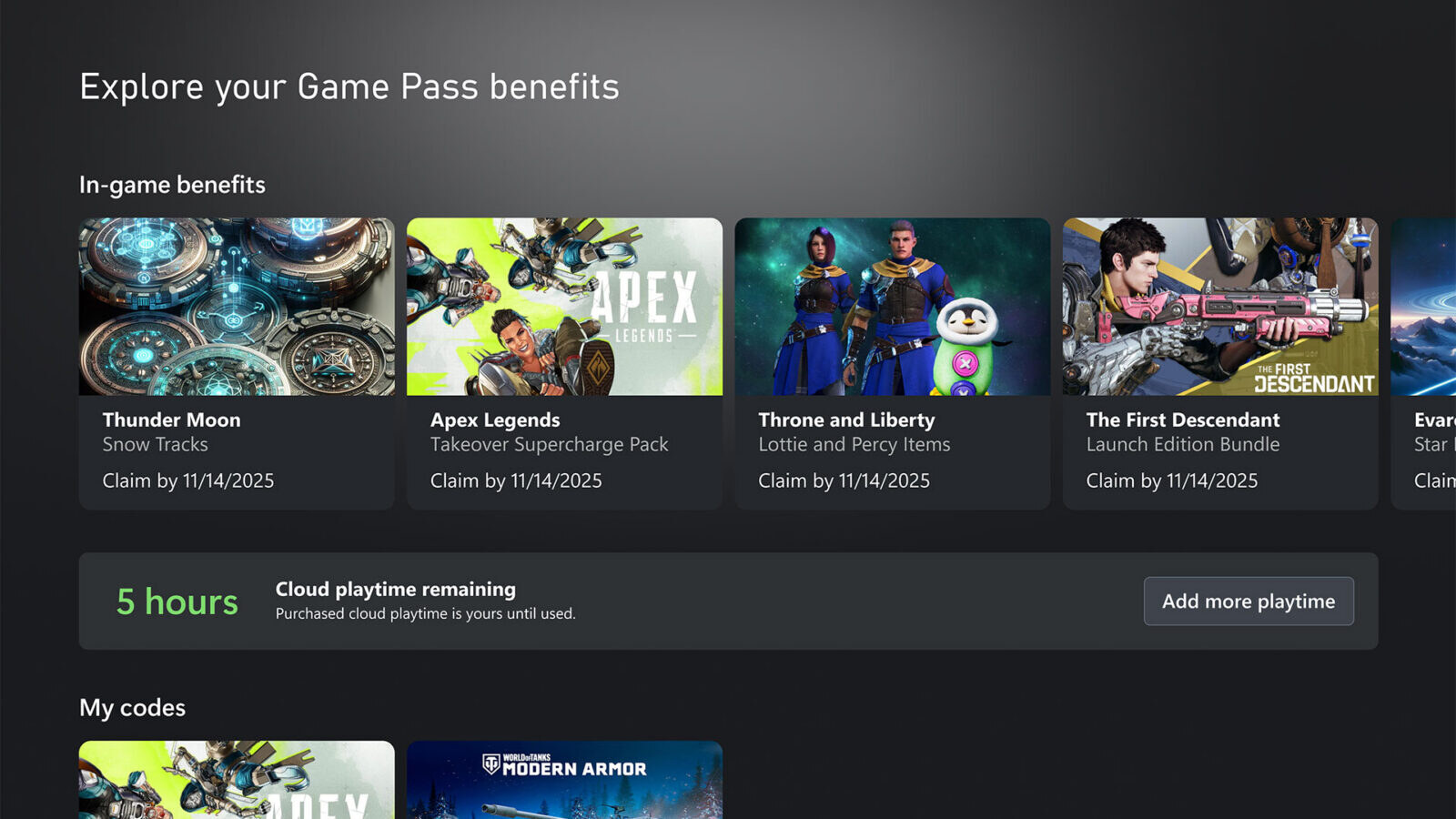 Interface Xbox mostra cinco horas de cloud playtime restantes e o botão para adicionar mais tempo.