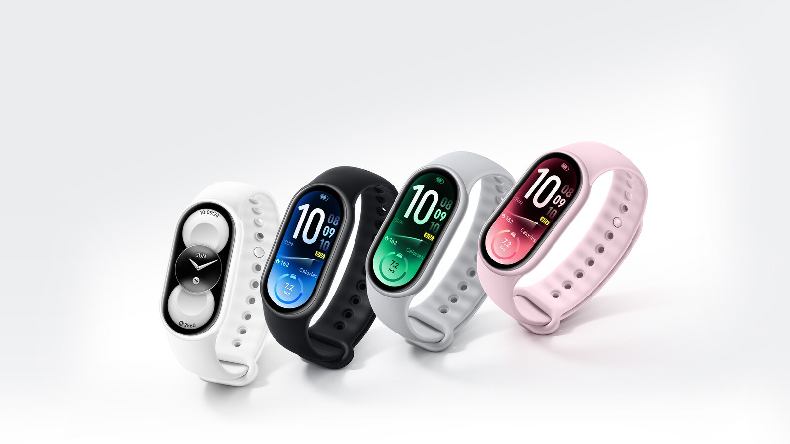 Quatro versões da Xiaomi Smart Band 11 em branco, preto, prateado e rosa com os ecrãs visíveis